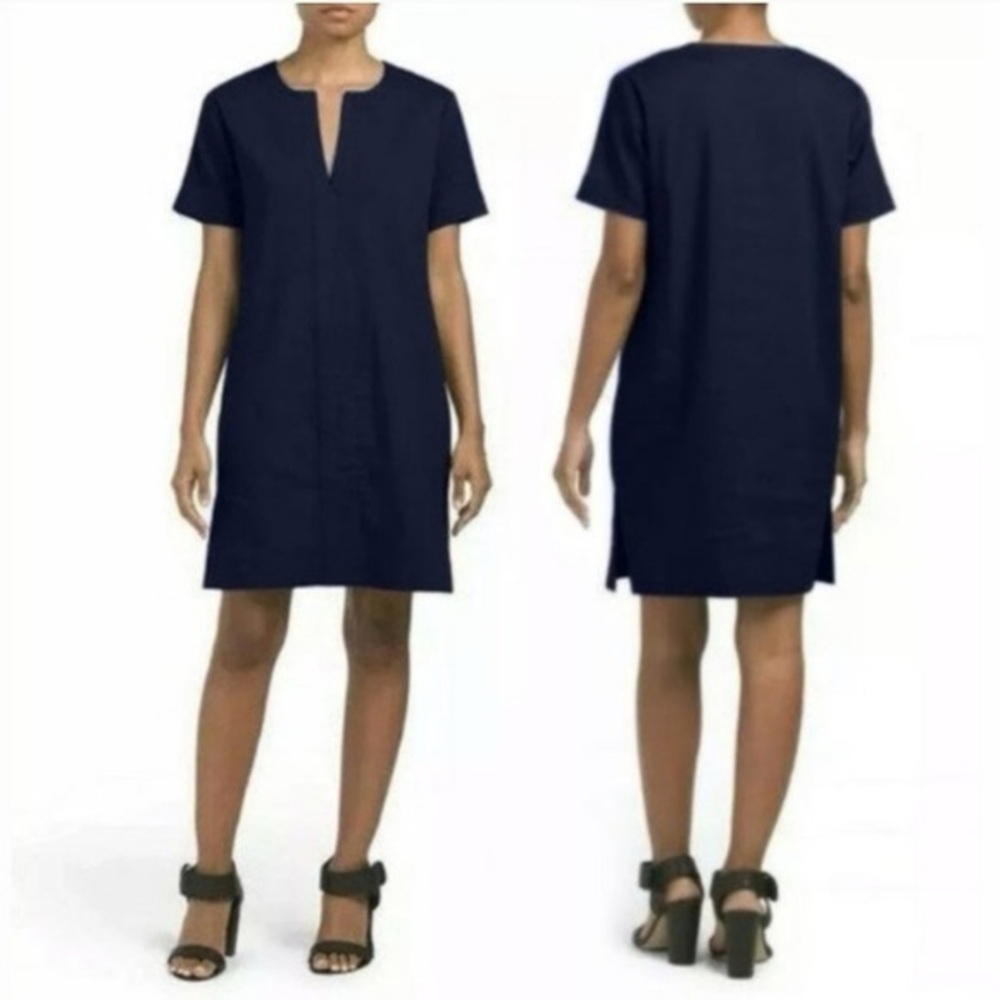 Theory Linen Blend Navy Blue Sheath Dress Short Sleeve Size S